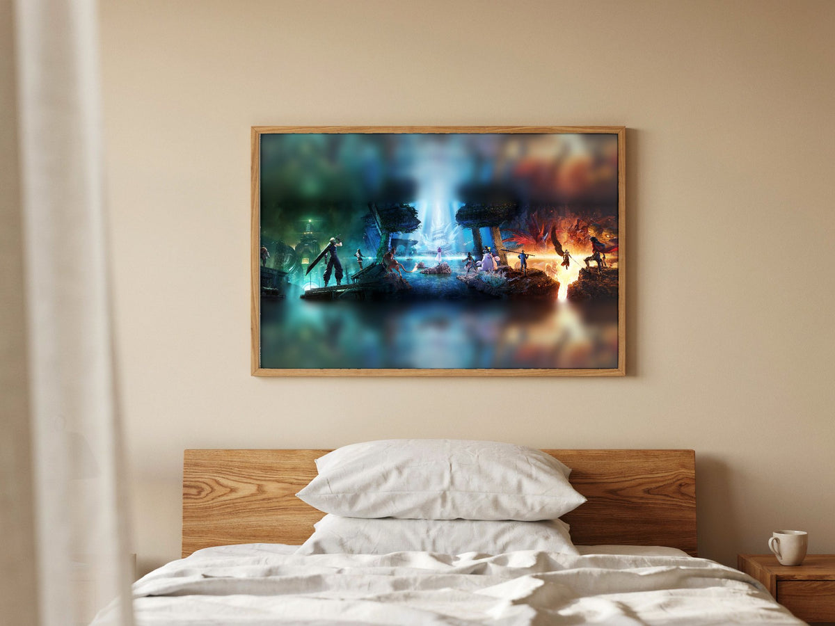 Final Fantasy VII Revelation Trilogy Art poster in a natural oak frame above a bed (horizontal)