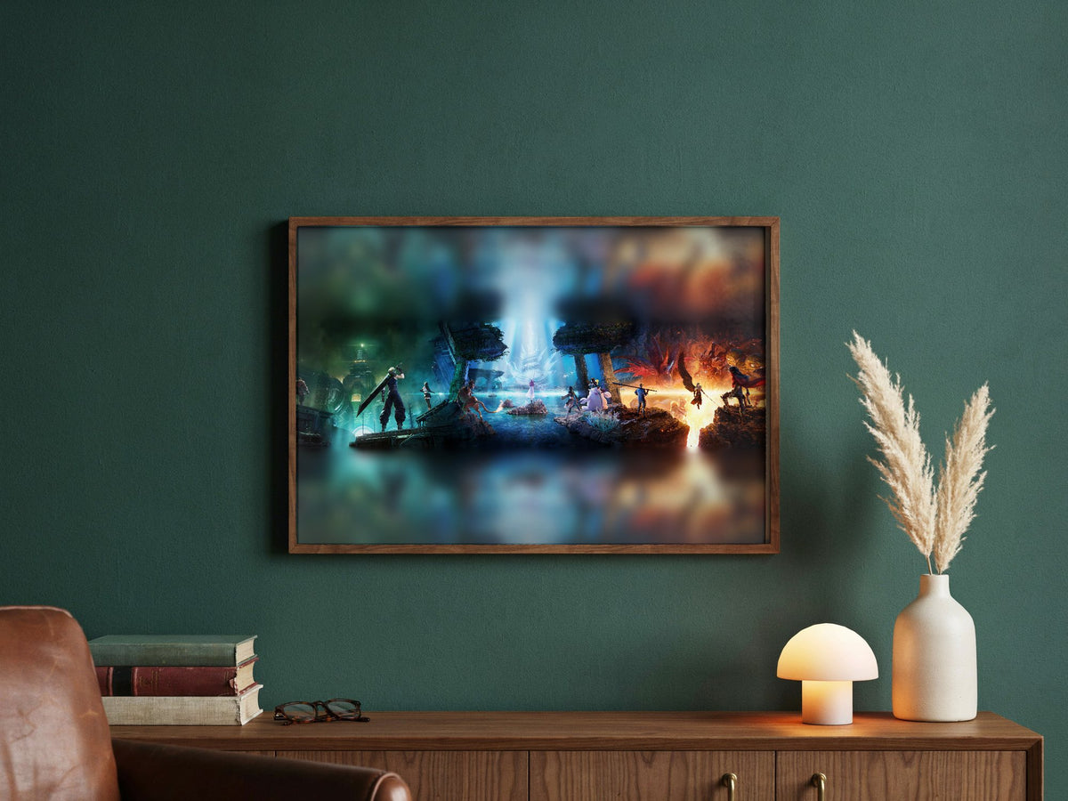 Final Fantasy VII Revelation Trilogy Art poster in a dark walnut frame in a green study (horizontal)