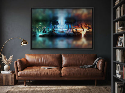 Final Fantasy VII Revelation Trilogy Art as a black floater framed canvas in a media room (horizontal)