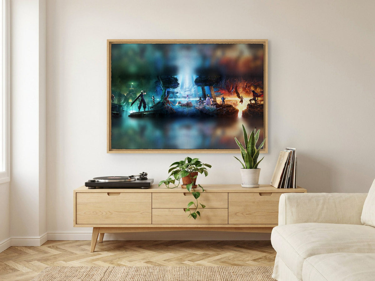 Final Fantasy VII Revelation Trilogy Art as an oak floater framed canvas in a Scandinavian lounge (horizontal)
