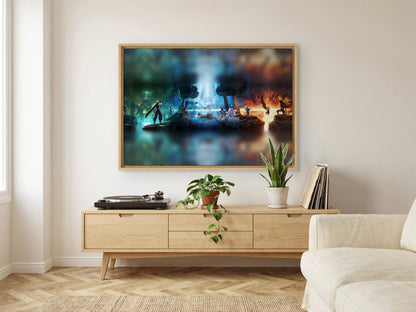 Final Fantasy VII Revelation Trilogy Art as an oak floater framed canvas in a Scandinavian lounge (horizontal)