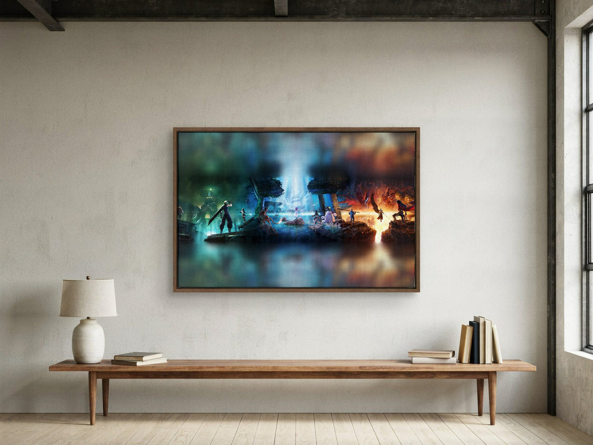 Final Fantasy VII Revelation Trilogy Art as a walnut floater framed canvas in a loft (horizontal)