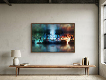 Final Fantasy VII Revelation Trilogy Art as a walnut floater framed canvas in a loft (horizontal)