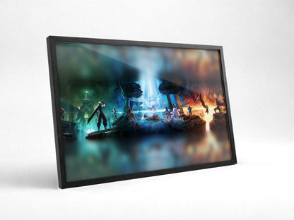 Final Fantasy VII Revelation Trilogy Art poster in a black frame with glass leaning against a wall (horizontal)