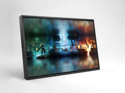 Final Fantasy VII Revelation Trilogy Art as a black floater framed canvas leaning against a wall (horizontal)