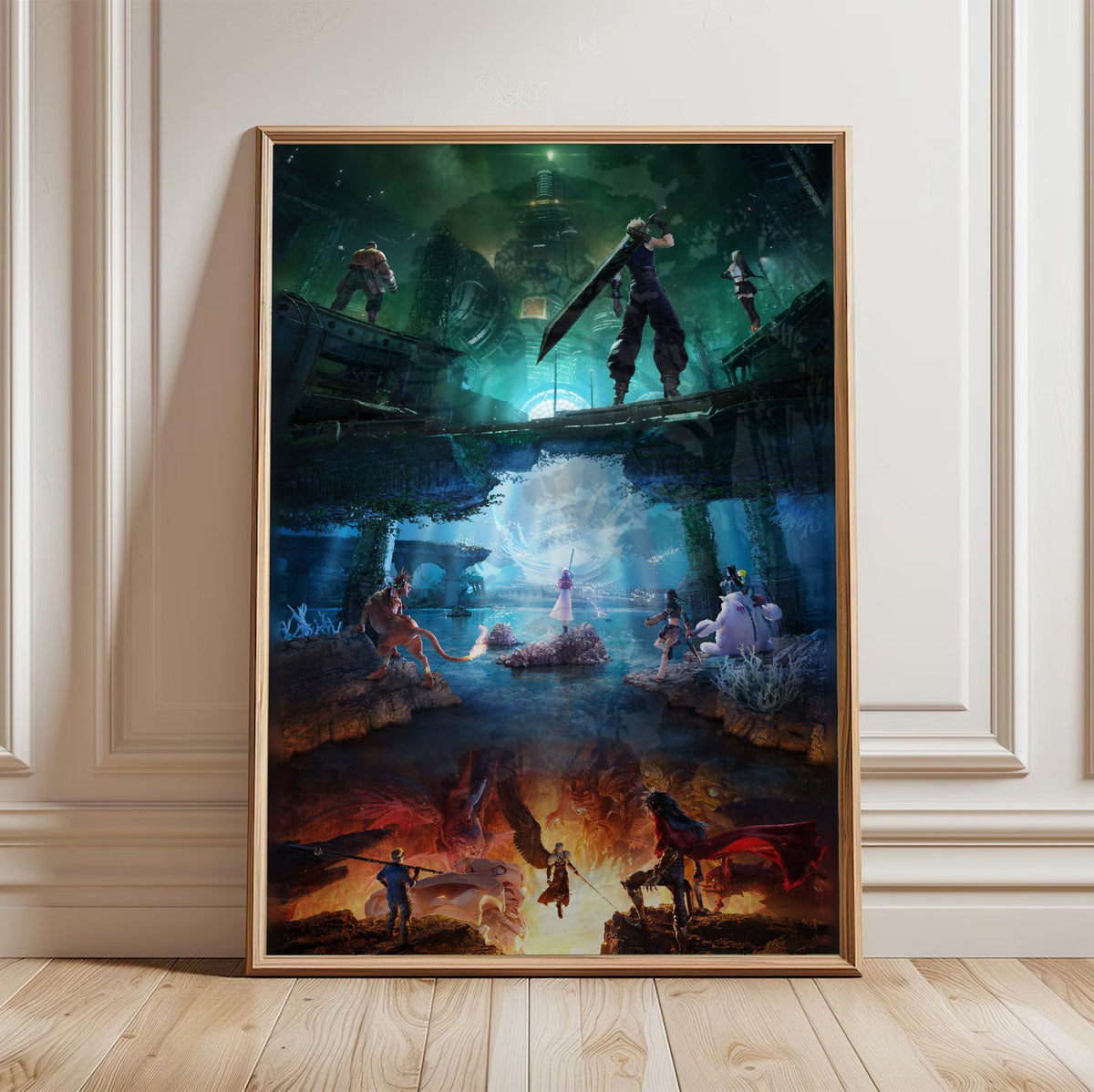 Final Fantasy VII Revelation Trilogy Art poster in a light oak frame leaning against a white wall (vertical)