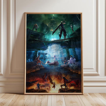 Final Fantasy VII Revelation Trilogy Art poster in a light oak frame leaning against a white wall (vertical)