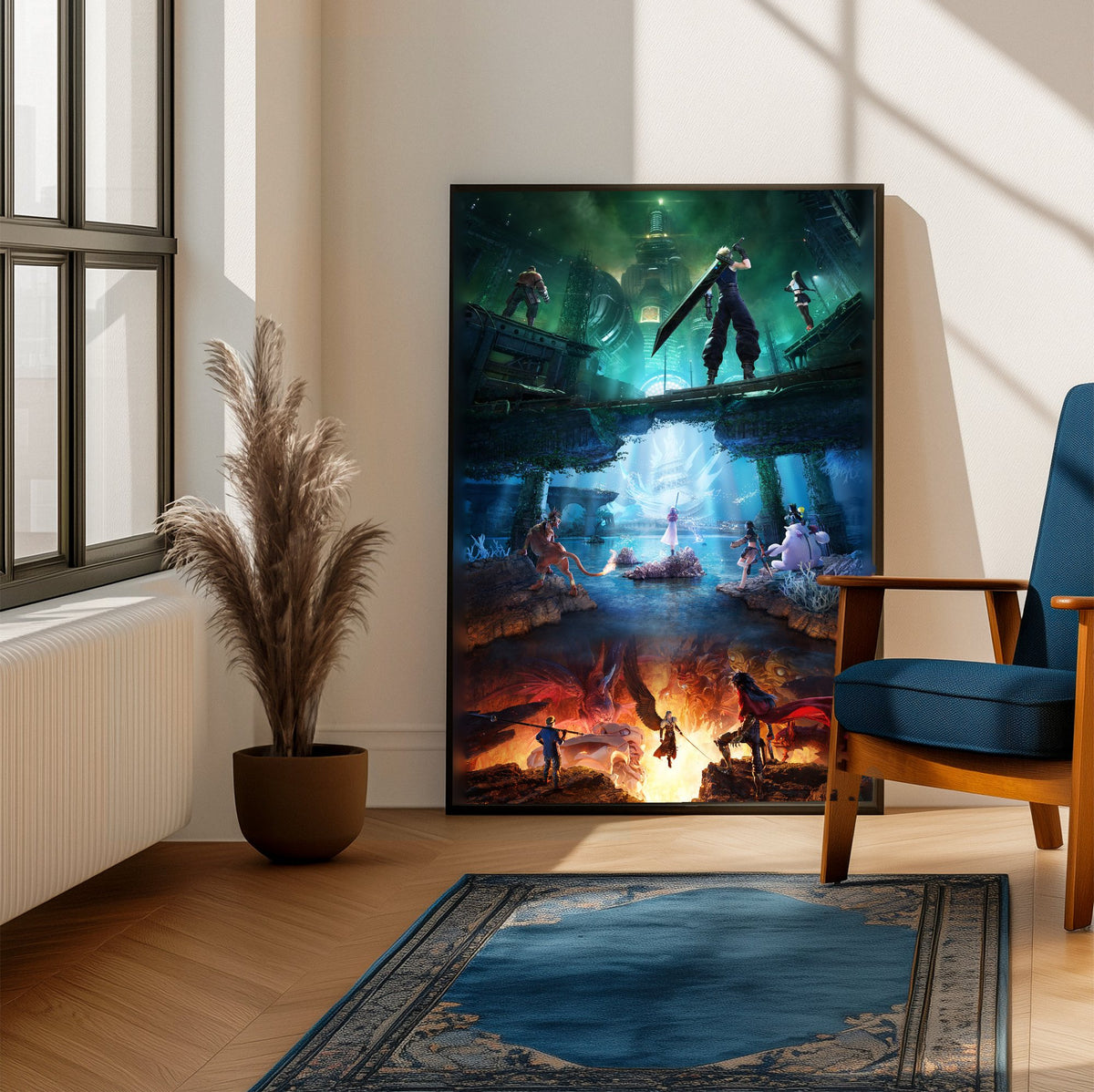 Final Fantasy VII Revelation Trilogy Art poster framed beside a blue armchair in a sunlit room (vertical)