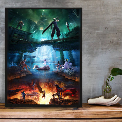 Final Fantasy VII Revelation Trilogy Art poster in a black frame on a wooden shelf against concrete (vertical)