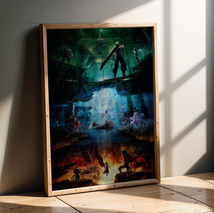 Final Fantasy VII Revelation Trilogy Art poster in an oak frame leaning on a wooden floor (vertical)