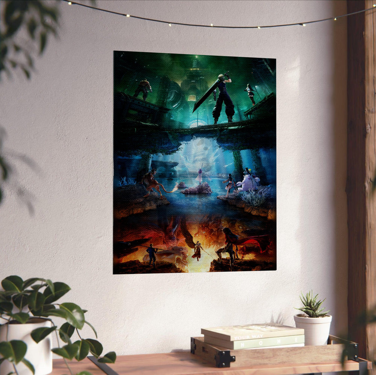 Final Fantasy VII Revelation Trilogy Art poster unframed on a white wall above a desk (vertical)