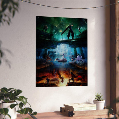 Final Fantasy VII Revelation Trilogy Art poster unframed on a white wall above a desk (vertical)
