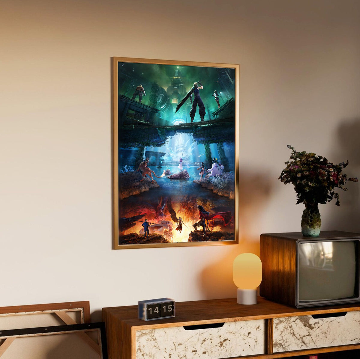 Final Fantasy VII Revelation Trilogy Art poster in an oak frame above a sideboard (vertical)