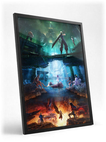 Final Fantasy VII Revelation Trilogy Art poster in a black frame with glass leaning against a wall (vertical)