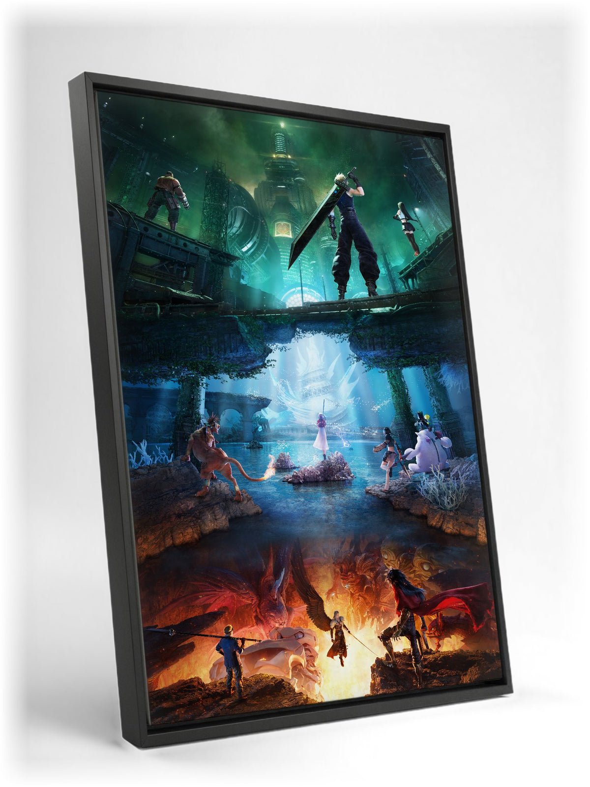 Final Fantasy VII Revelation Trilogy Art as a black floater framed canvas leaning against a wall (vertical)