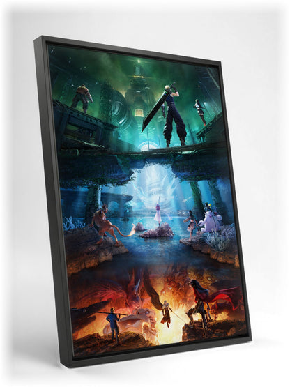 Final Fantasy VII Revelation Trilogy Art as a black floater framed canvas leaning against a wall (vertical)
