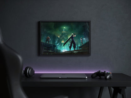 Final Fantasy VII Revelation Trilogy Part 1 poster in a black frame above a gaming desk