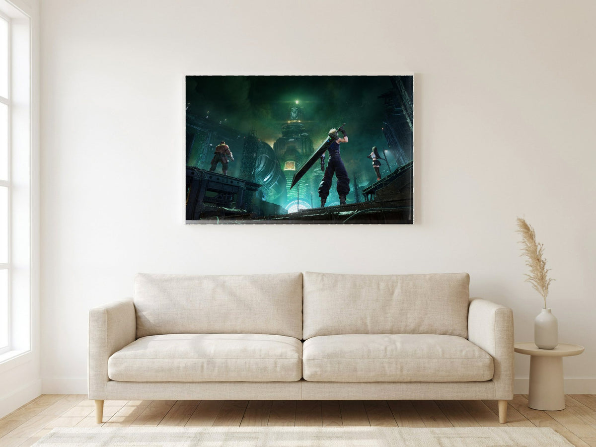 Final Fantasy VII Revelation Trilogy Part 1 poster in a white frame in a living room