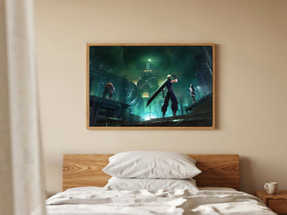 Final Fantasy VII Revelation Trilogy Part 1 poster in a natural oak frame above a bed