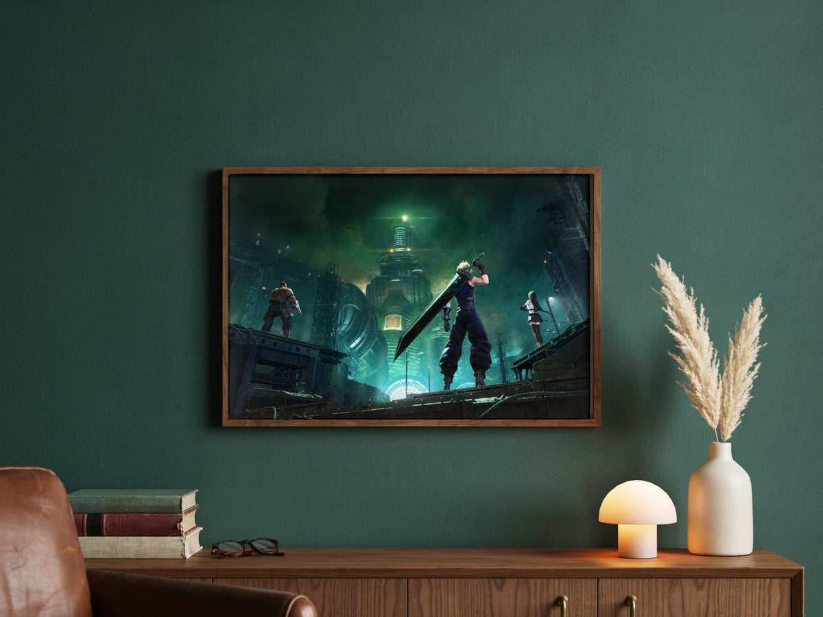 Final Fantasy VII Revelation Trilogy Part 1 poster in a dark walnut frame in a green study