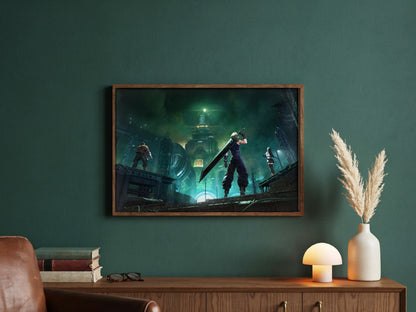 Final Fantasy VII Revelation Trilogy Part 1 poster in a dark walnut frame in a green study