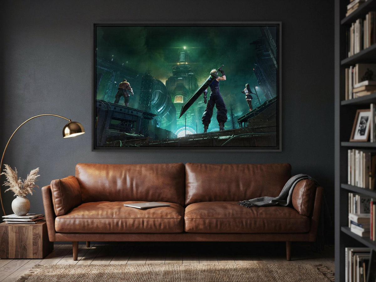 Final Fantasy VII Revelation Trilogy Part 1 as a black floater framed canvas in a media room