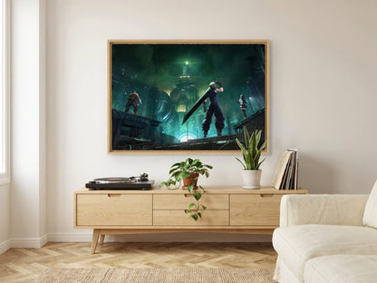 Final Fantasy VII Revelation Trilogy Part 1 as an oak floater framed canvas in a Scandinavian lounge