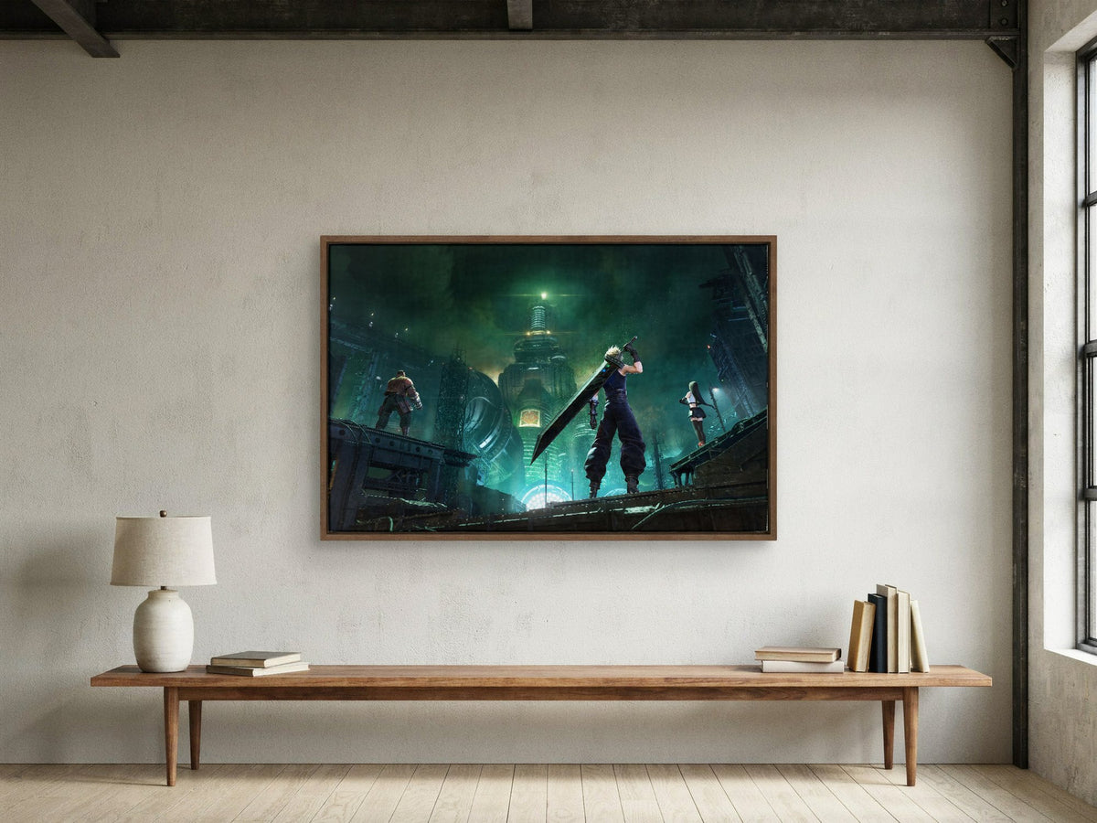 Final Fantasy VII Revelation Trilogy Part 1 as a walnut floater framed canvas in a loft