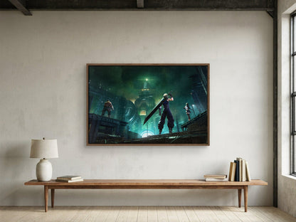 Final Fantasy VII Revelation Trilogy Part 1 as a walnut floater framed canvas in a loft