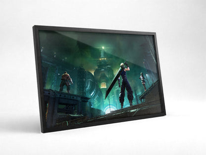 Final Fantasy VII Revelation Trilogy Part 1 poster in a black frame with glass leaning against a wall