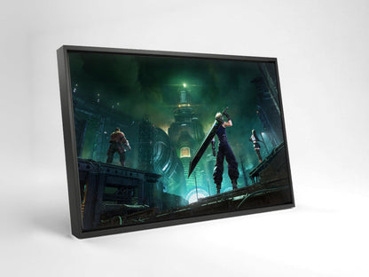 Final Fantasy VII Revelation Trilogy Part 1 as a black floater framed canvas leaning against a wall