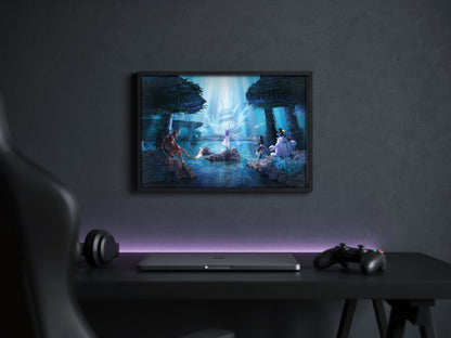 Final Fantasy VII Revelation Trilogy Part 2 poster in a black frame above a gaming desk