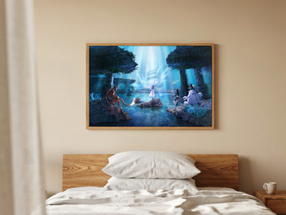 Final Fantasy VII Revelation Trilogy Part 2 poster in a natural oak frame above a bed