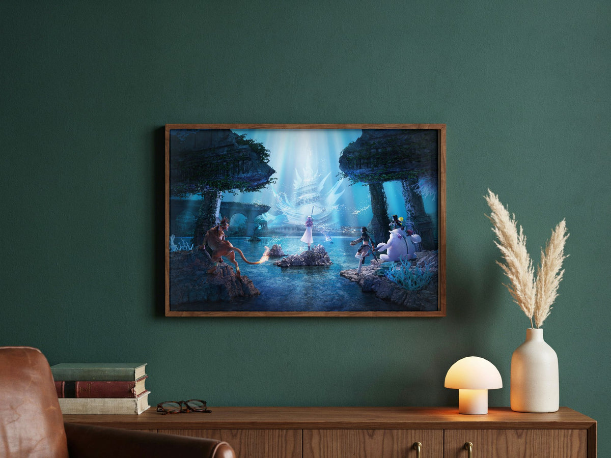 Final Fantasy VII Revelation Trilogy Part 2 poster in a dark walnut frame in a green study