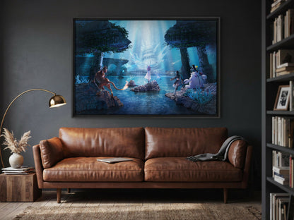 Final Fantasy VII Revelation Trilogy Part 2 as a black floater framed canvas in a media room