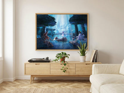 Final Fantasy VII Revelation Trilogy Part 2 as an oak floater framed canvas in a Scandinavian lounge