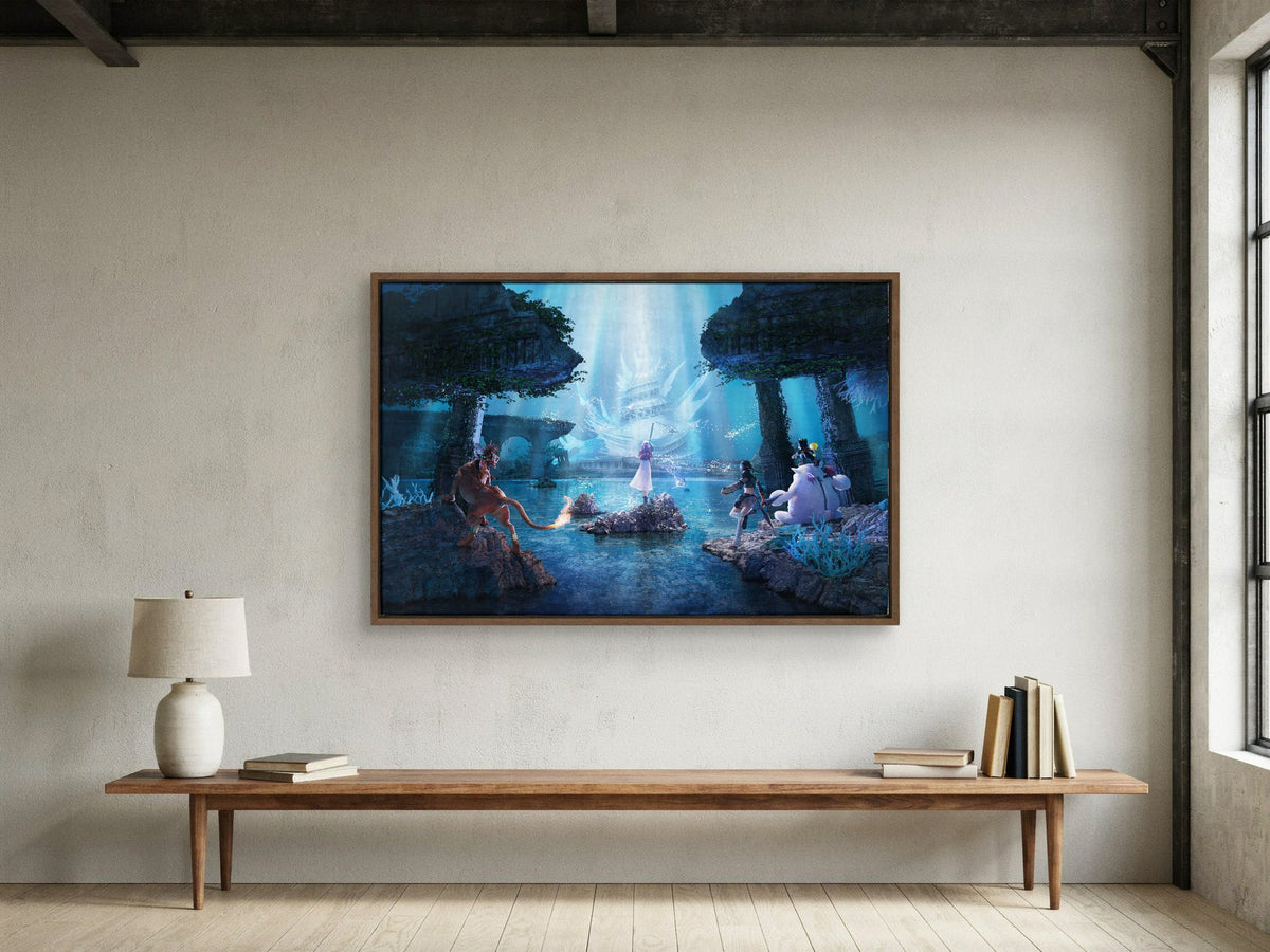 Final Fantasy VII Revelation Trilogy Part 2 as a walnut floater framed canvas in a loft