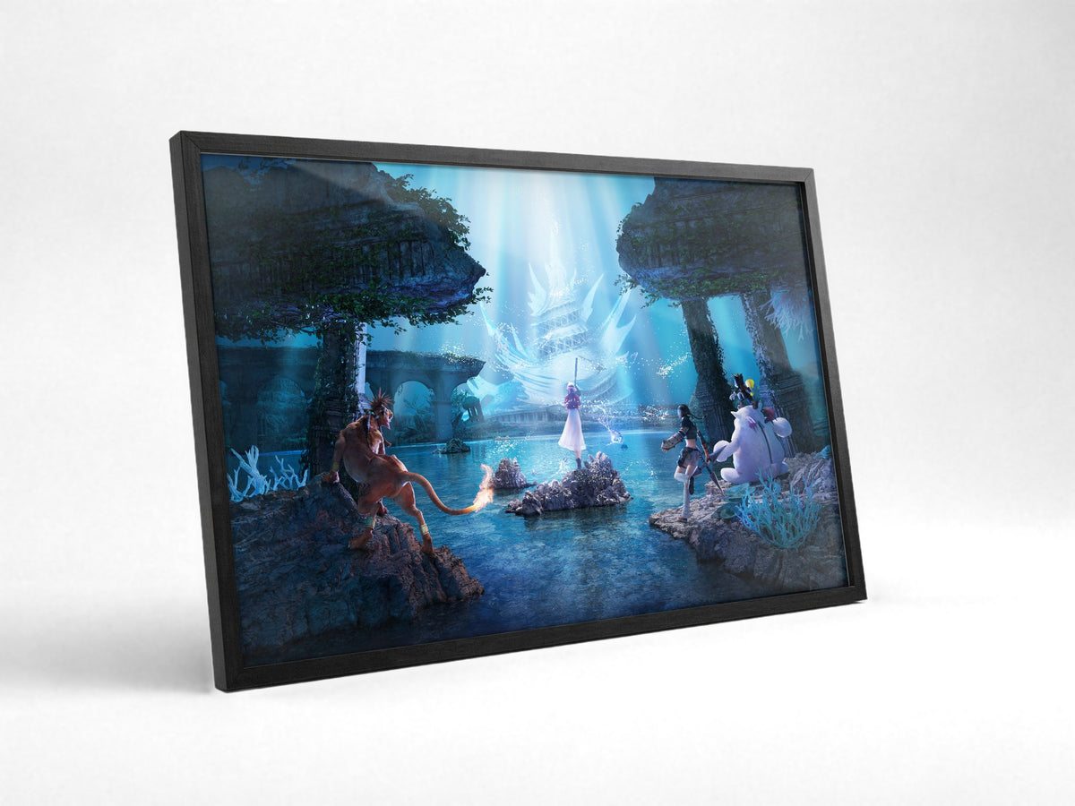 Final Fantasy VII Revelation Trilogy Part 2 poster in a black frame with glass leaning against a wall