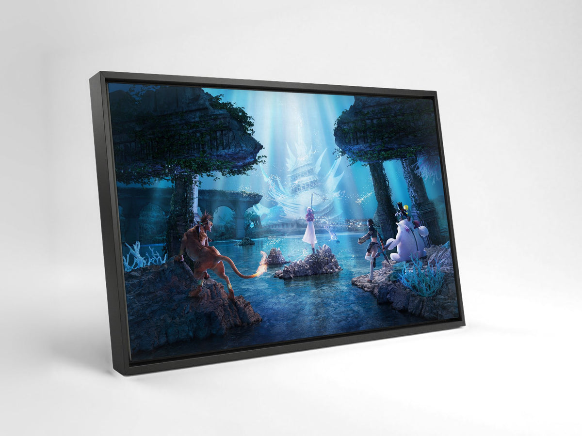 Final Fantasy VII Revelation Trilogy Part 2 as a black floater framed canvas leaning against a wall
