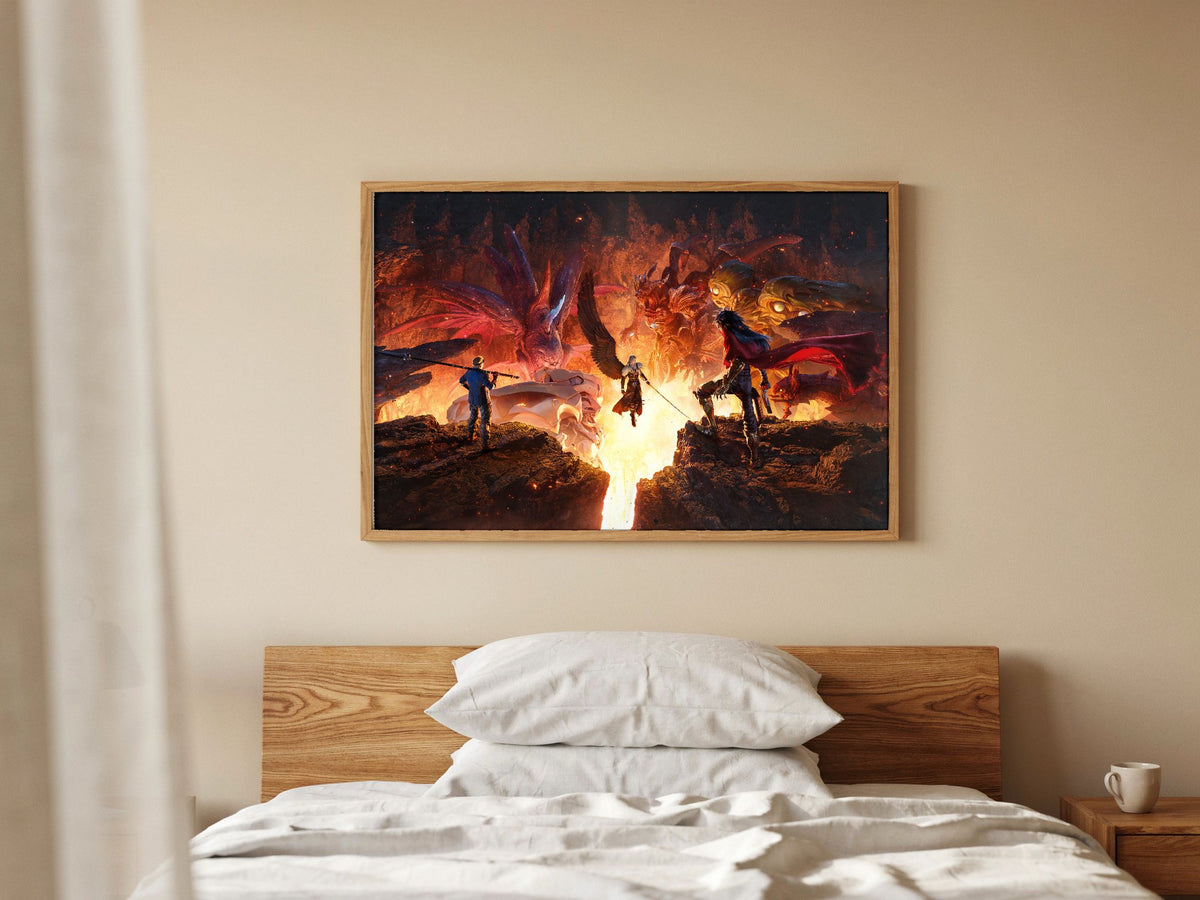 Final Fantasy VII Revelation Trilogy Part 3 poster in a natural oak frame above a bed