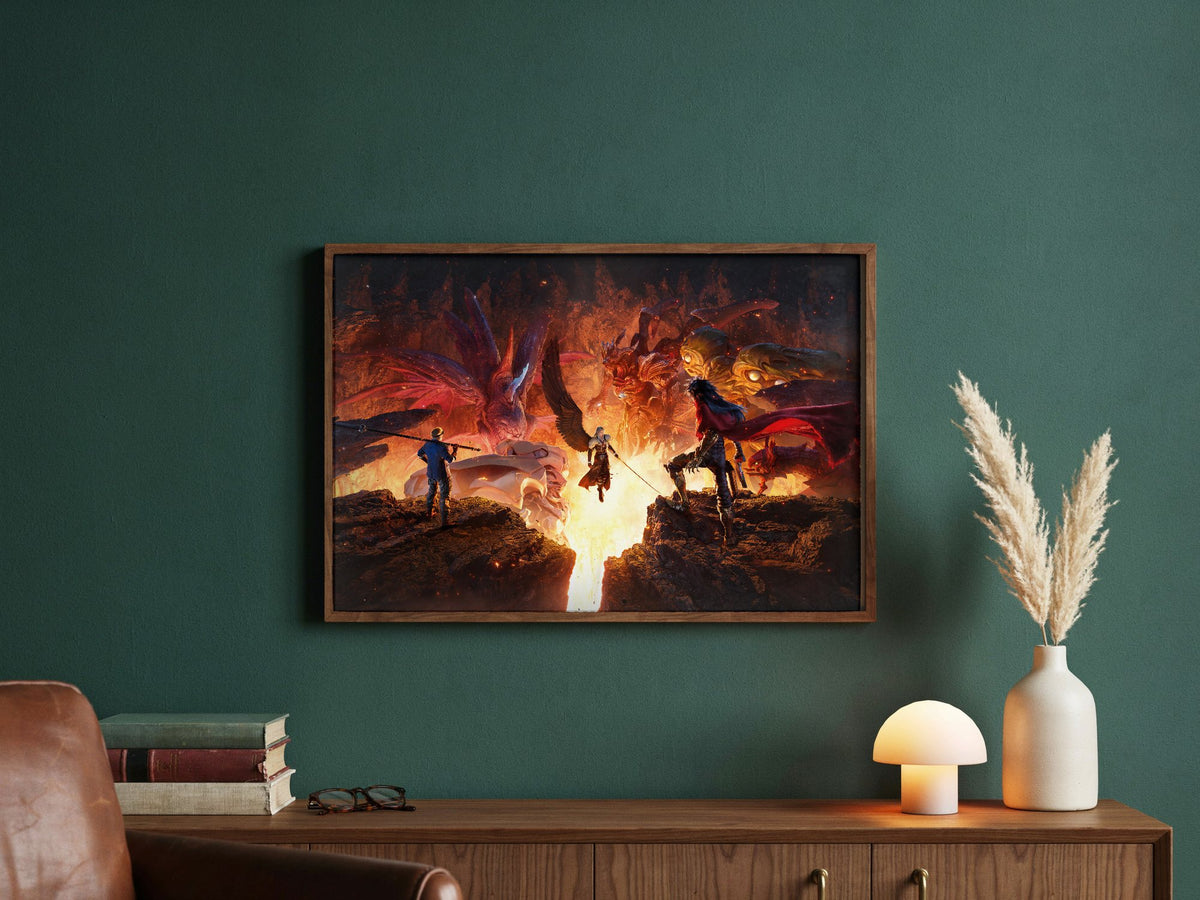 Final Fantasy VII Revelation Trilogy Part 3 poster in a dark walnut frame in a green study
