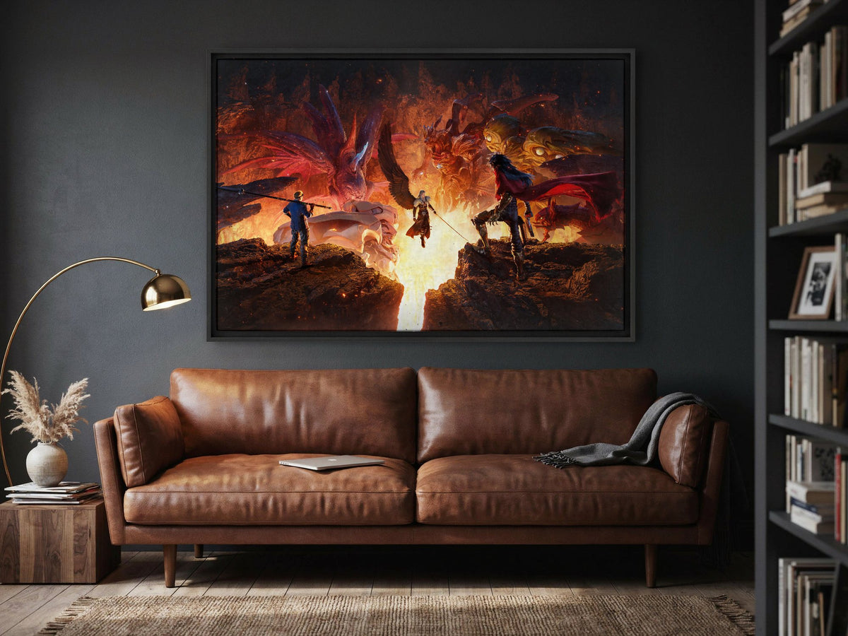 Final Fantasy VII Revelation Trilogy Part 3 as a black floater framed canvas in a media room
