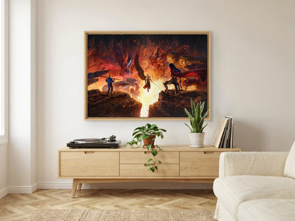 Final Fantasy VII Revelation Trilogy Part 3 as an oak floater framed canvas in a Scandinavian lounge