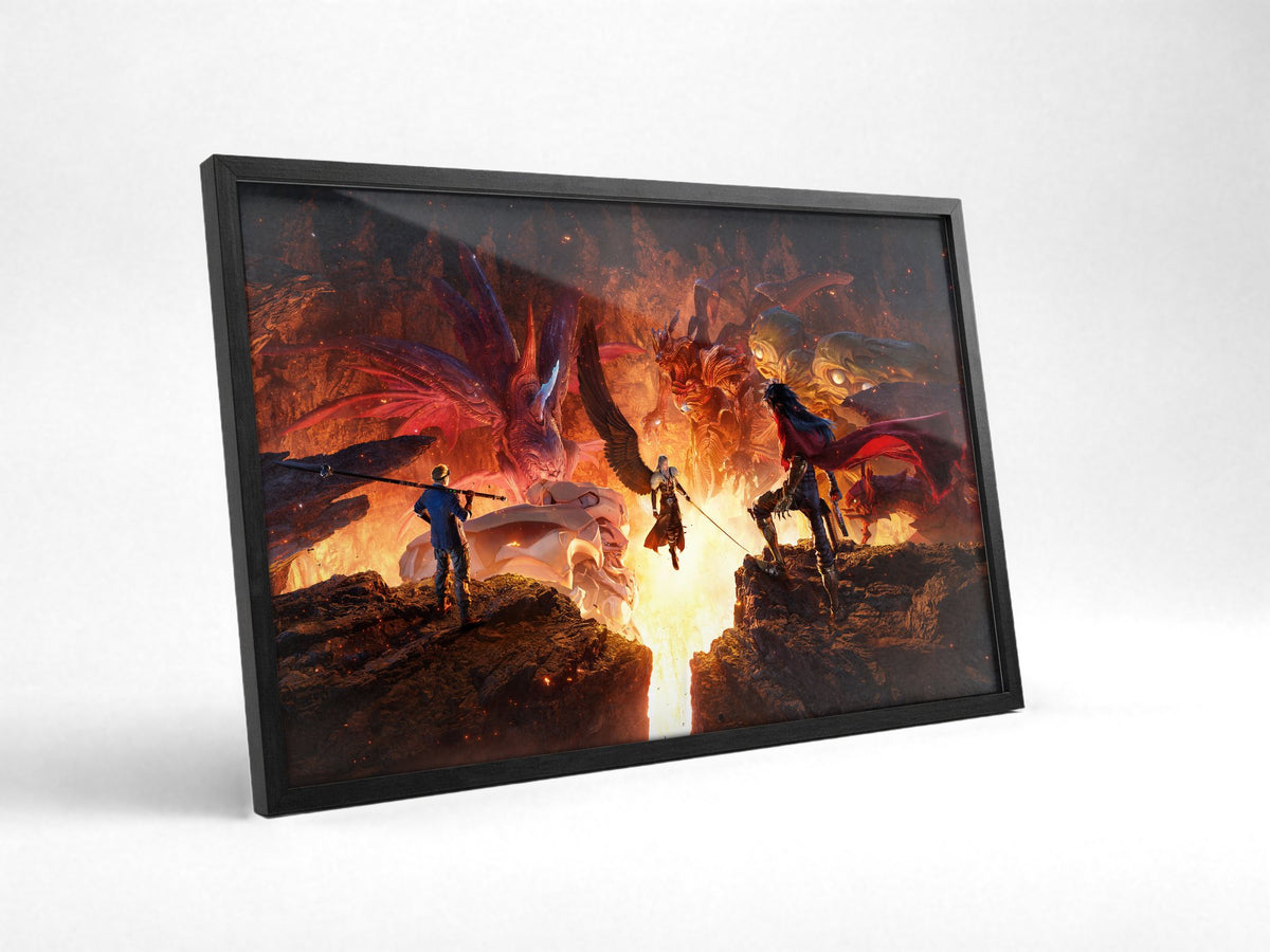 Final Fantasy VII Revelation Trilogy Part 3 poster in a black frame with glass leaning against a wall
