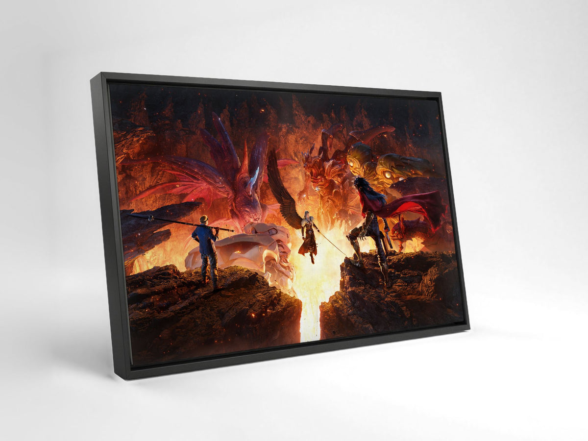 Final Fantasy VII Revelation Trilogy Part 3 as a black floater framed canvas leaning against a wall