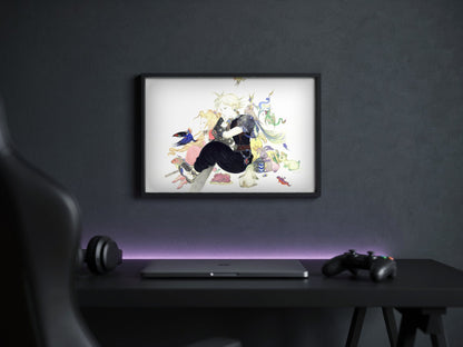 Final Fantasy VII Tranquility Amano poster in a black frame above a gaming desk