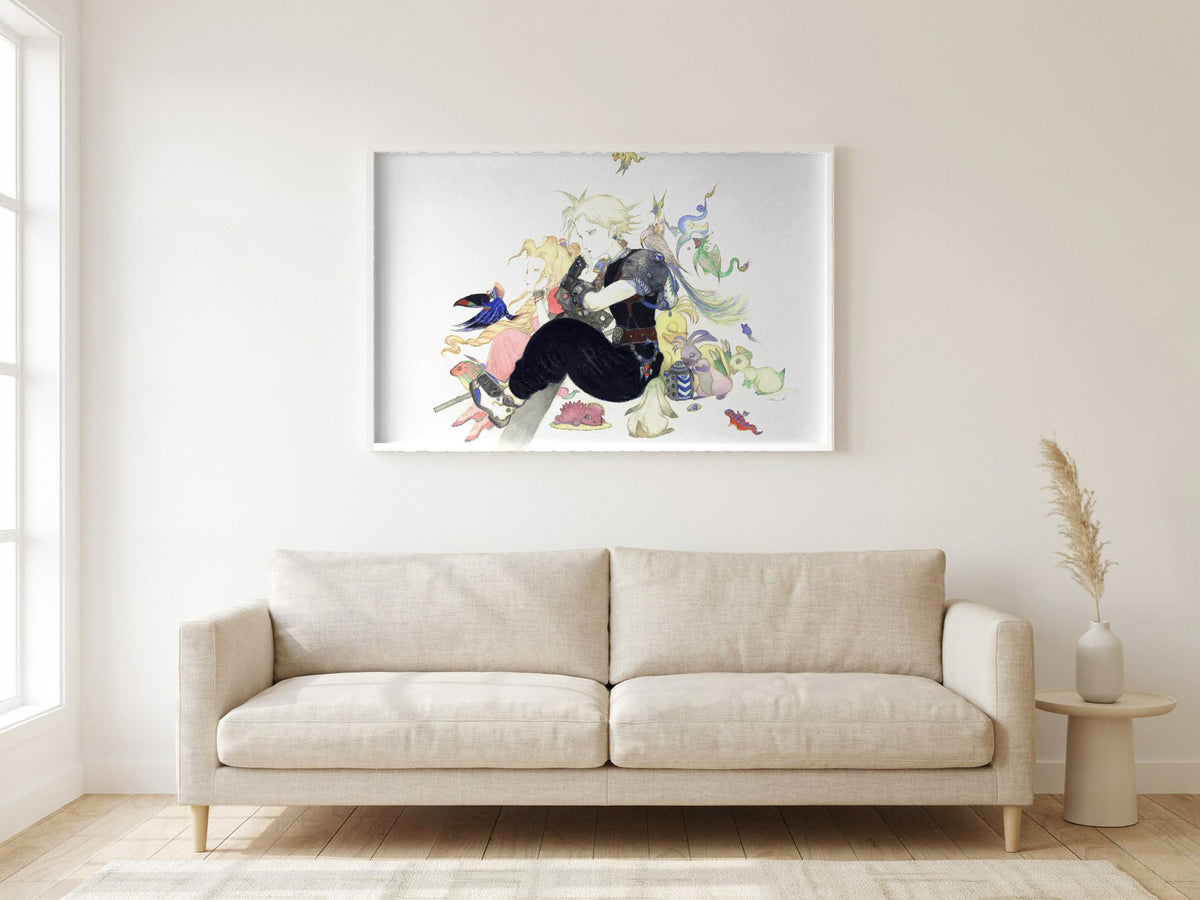 Final Fantasy VII Tranquility Amano poster in a white frame in a living room