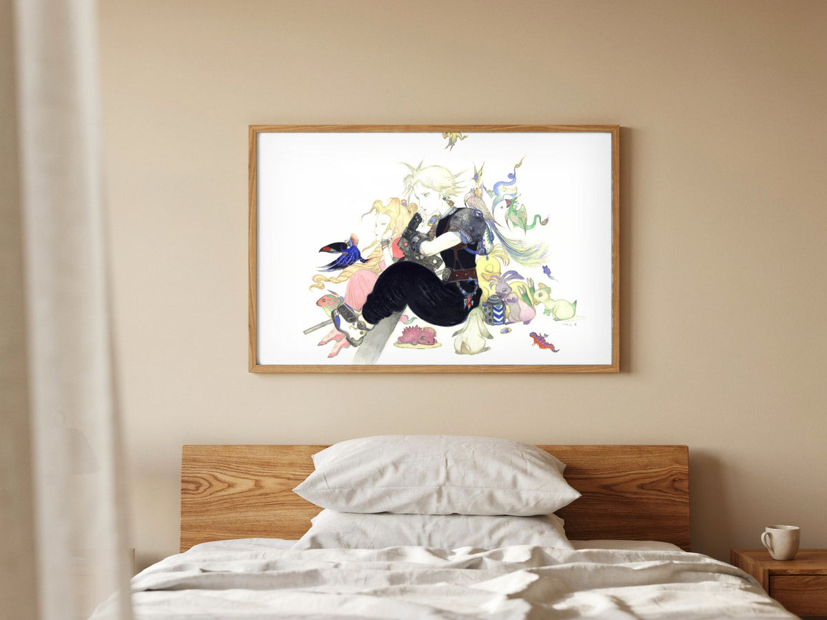 Final Fantasy VII Tranquility Amano poster in a natural oak frame above a bed