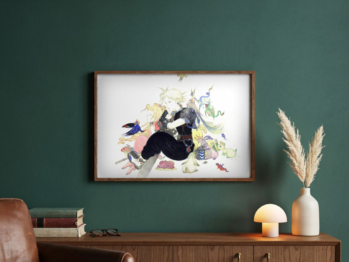 Final Fantasy VII Tranquility Amano poster in a dark walnut frame in a green study