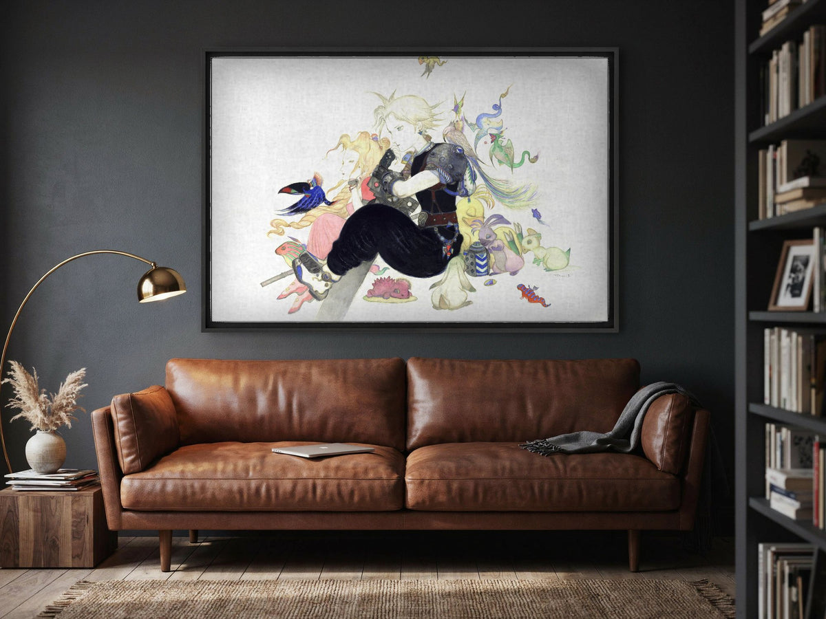 Final Fantasy VII Tranquility Amano as a black floater framed canvas in a media room